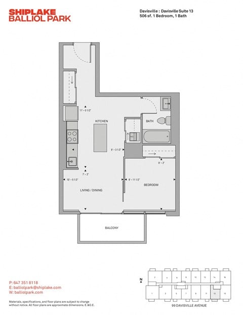 Floor plan for 1 bed, 1 bath, 506 sqft